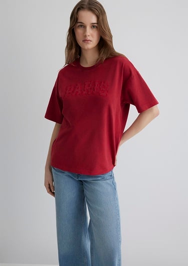  Mavi Paris Baskılı Kırmızı Tişört Oversize / Geniş Kesim 1613218-70464