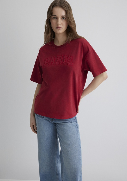  Mavi Paris Baskılı Kırmızı Tişört Oversize / Geniş Kesim 1613218-70464