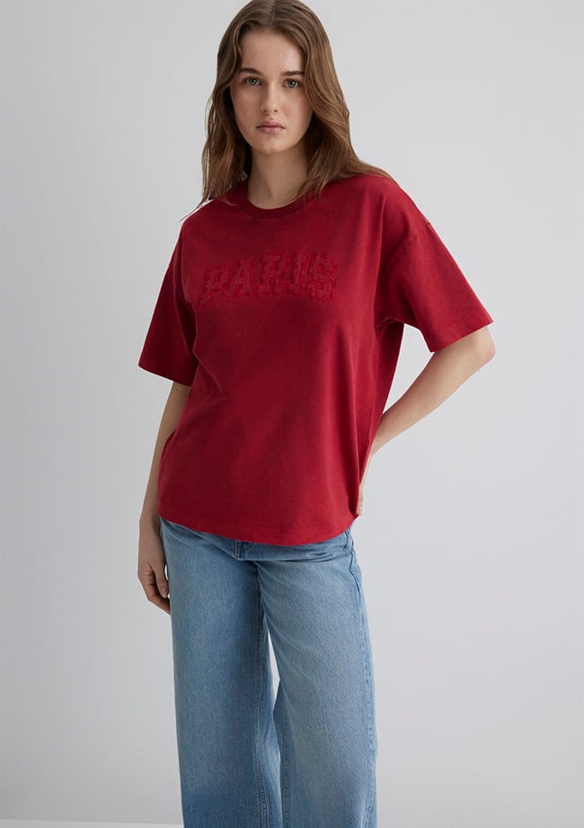  Mavi Paris Baskılı Kırmızı Tişört Oversize / Geniş Kesim 1613218-70464