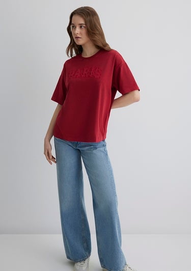  Mavi Paris Baskılı Kırmızı Tişört Oversize / Geniş Kesim 1613218-70464