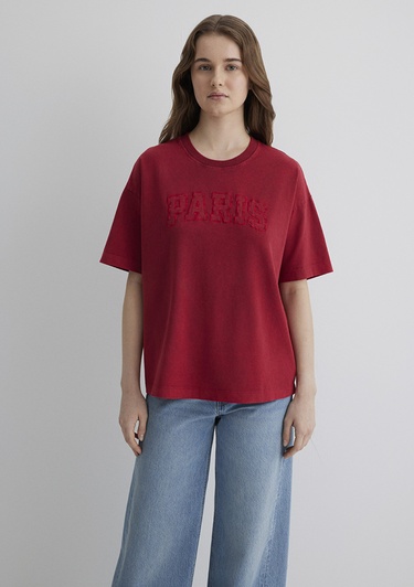  Mavi Paris Baskılı Kırmızı Tişört Oversize / Geniş Kesim 1613218-70464