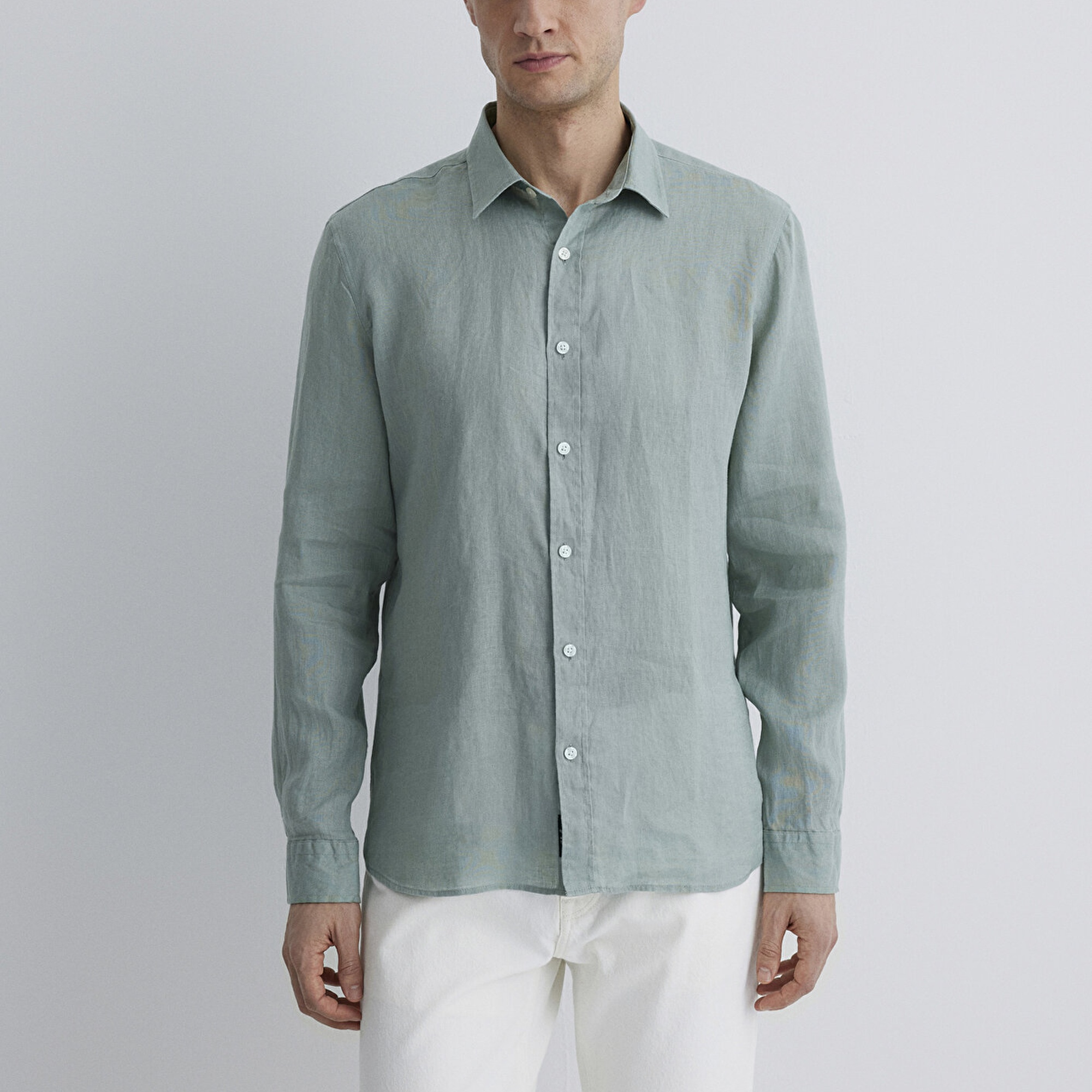 Mavi Yeşil Keten Gömlek Slim Fit / Dar Kesim 0211466-70113