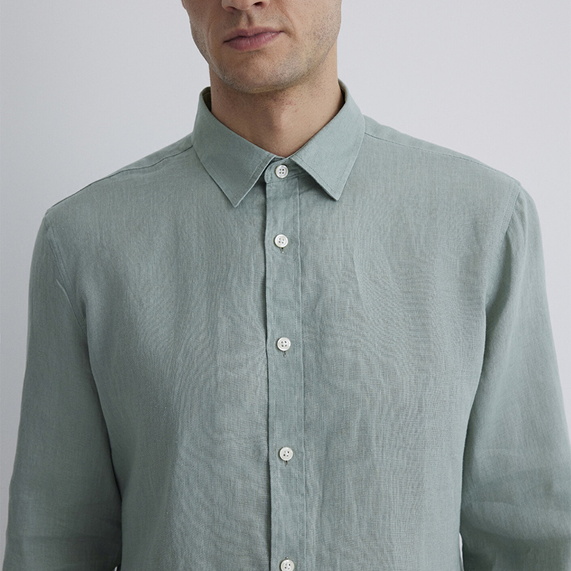 Mavi Yeşil Keten Gömlek Slim Fit / Dar Kesim 0211466-70113