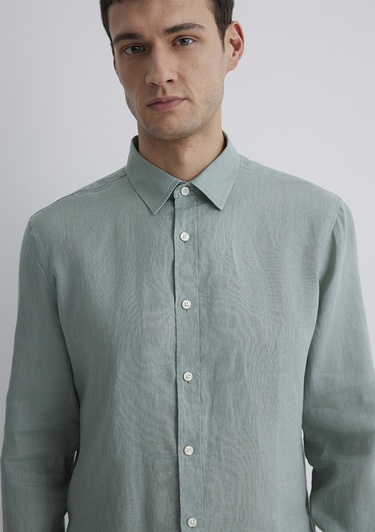  Mavi Yeşil Keten Gömlek Slim Fit / Dar Kesim 0211466-70113