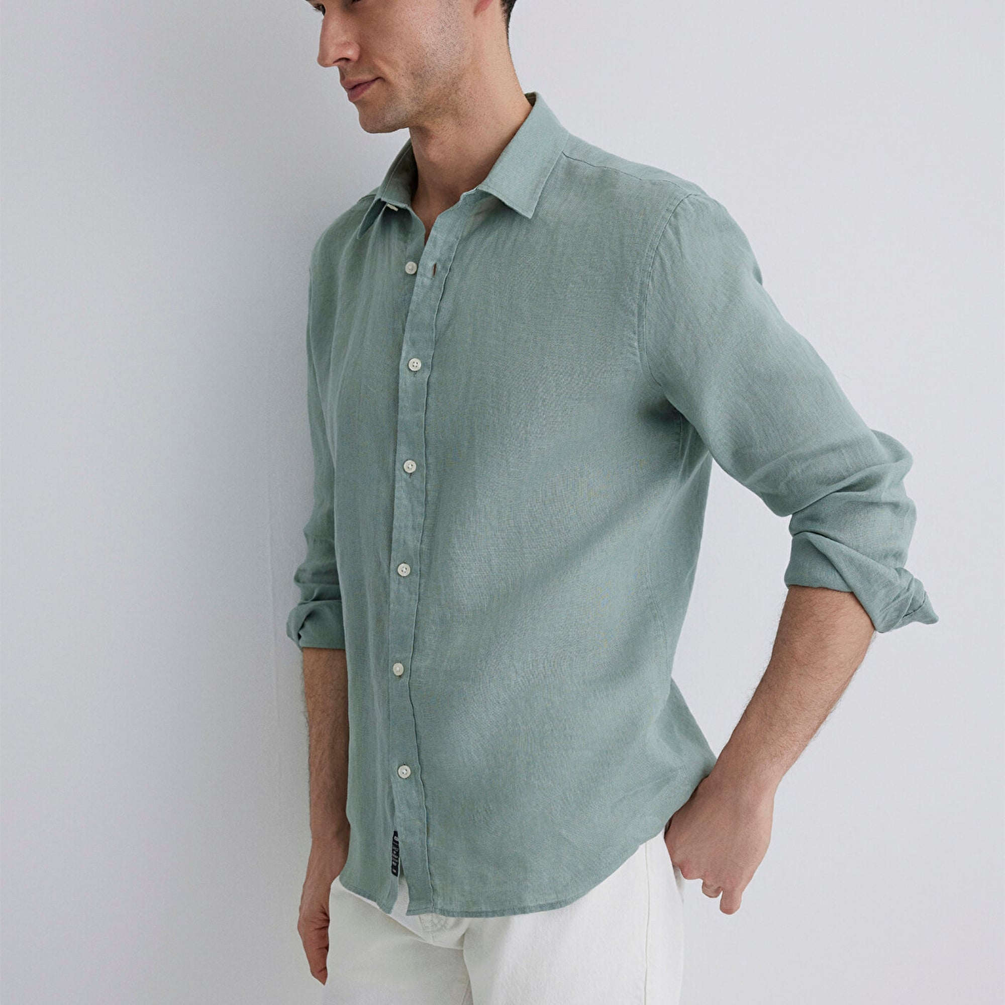 Mavi Yeşil Keten Gömlek Slim Fit / Dar Kesim 0211466-70113