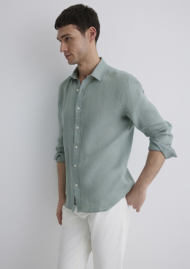  Mavi Yeşil Keten Gömlek Slim Fit / Dar Kesim 0211466-70113