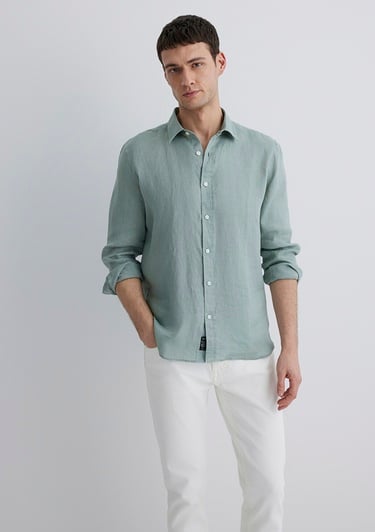  Mavi Yeşil Keten Gömlek Slim Fit / Dar Kesim 0211466-70113