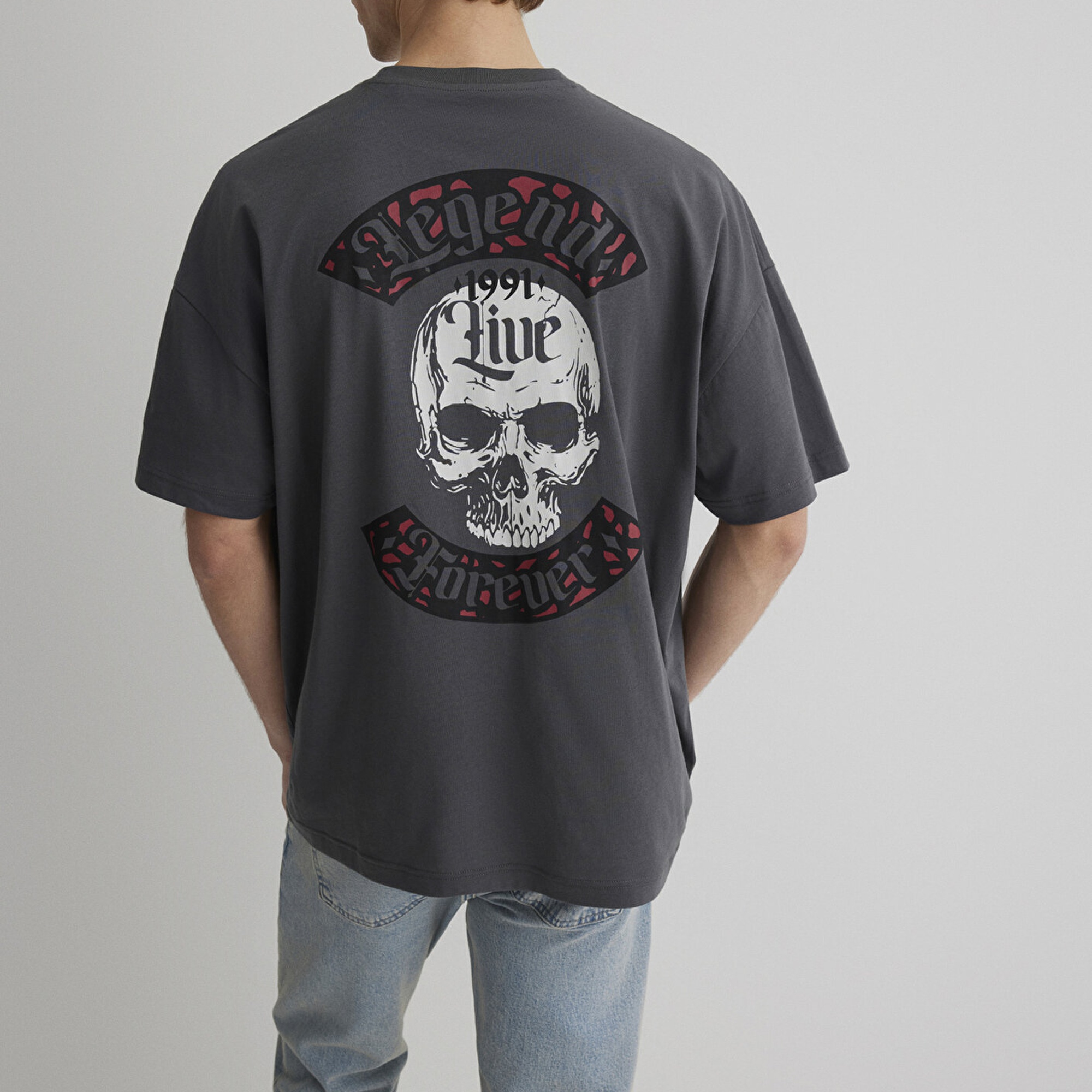 Mavi Kuru Kafa Baskılı Antrasit Tişört Oversize / Geniş Kesim 0612704-70088