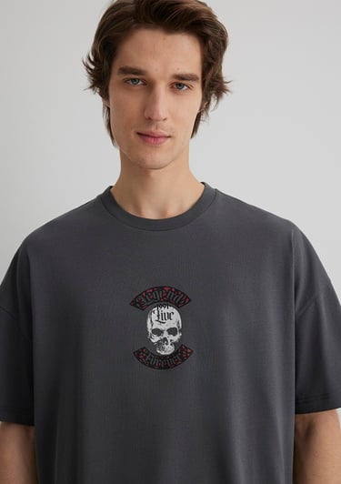  Mavi Kuru Kafa Baskılı Antrasit Tişört Oversize / Geniş Kesim 0612704-70088