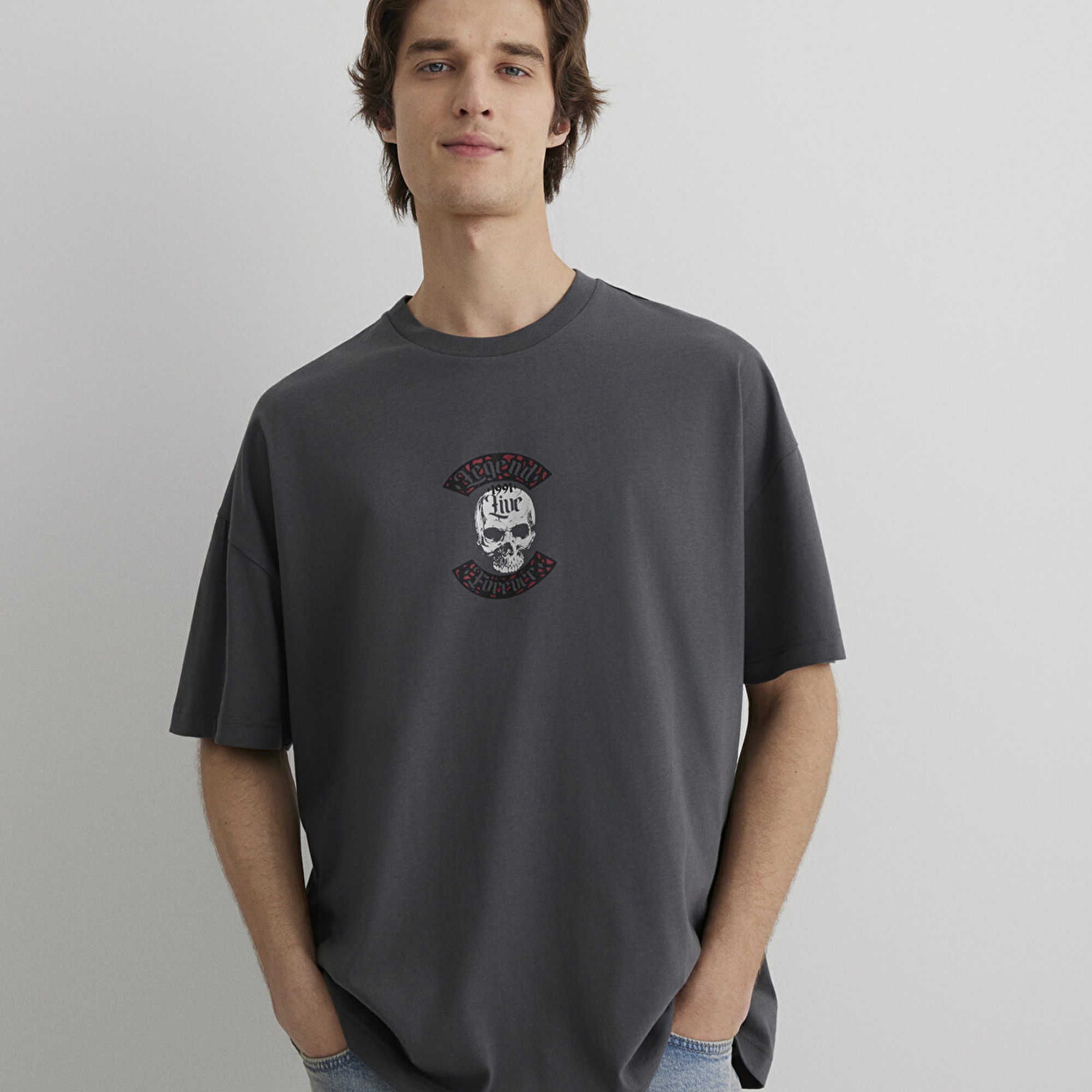 Mavi Kuru Kafa Baskılı Antrasit Tişört Oversize / Geniş Kesim 0612704-70088