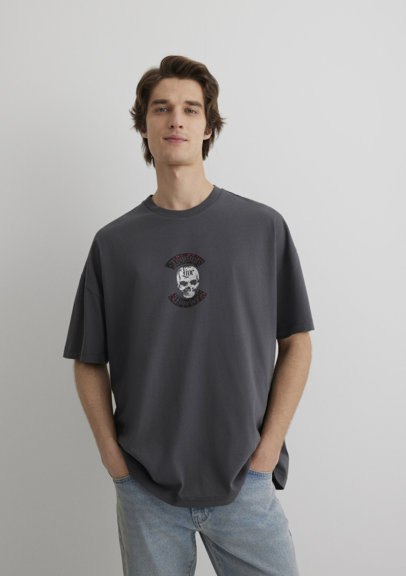  Mavi Kuru Kafa Baskılı Antrasit Tişört Oversize / Geniş Kesim 0612704-70088