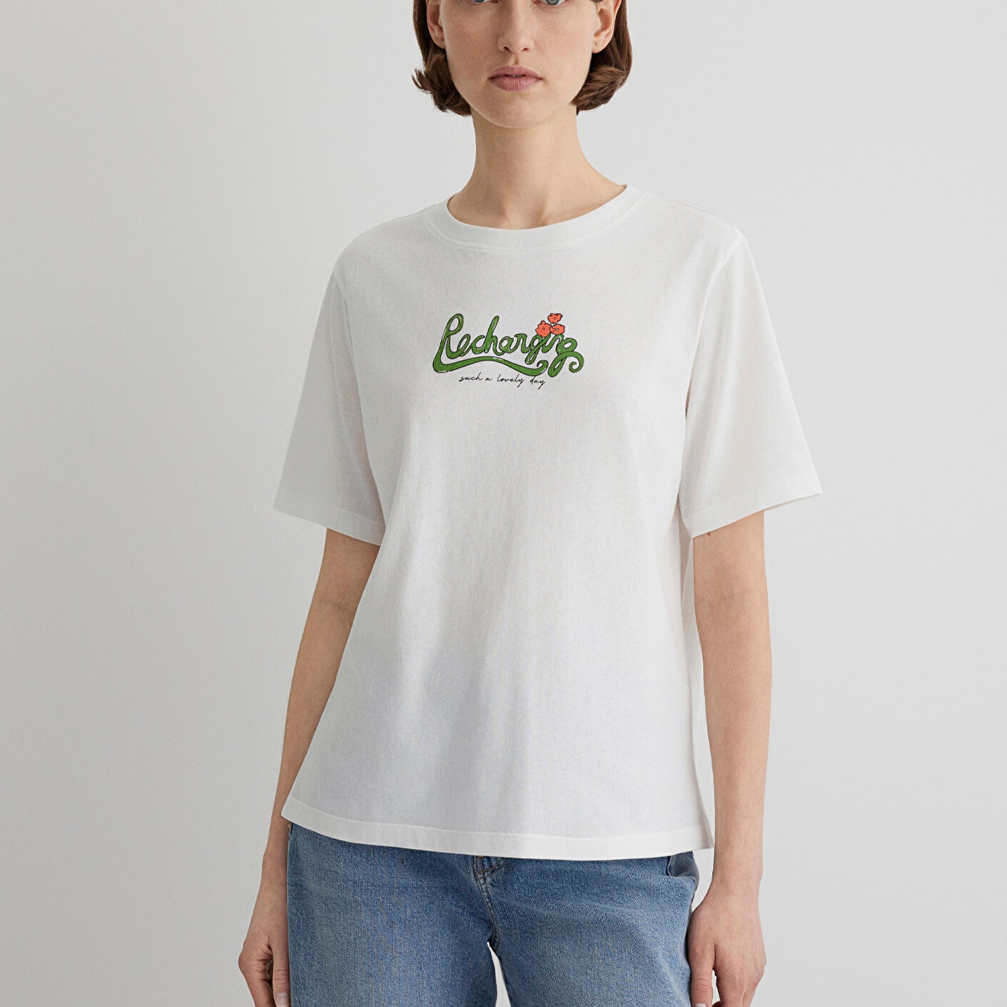 Mavi Kedi Baskılı Ekru Tişört Regular Fit / Normal Kesim 1613166-70057