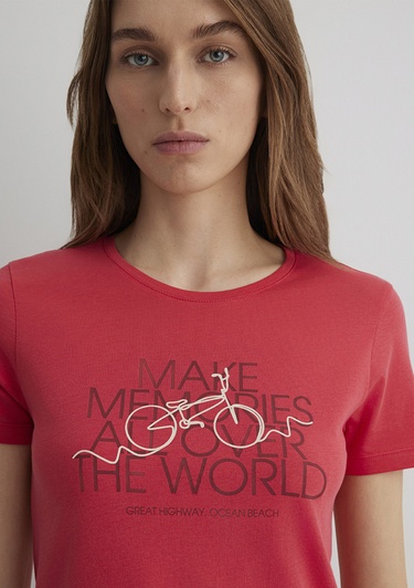  Mavi Bisiklet Baskılı Kırmızı Tişört Slim Fit / Dar Kesim 1613190-71083