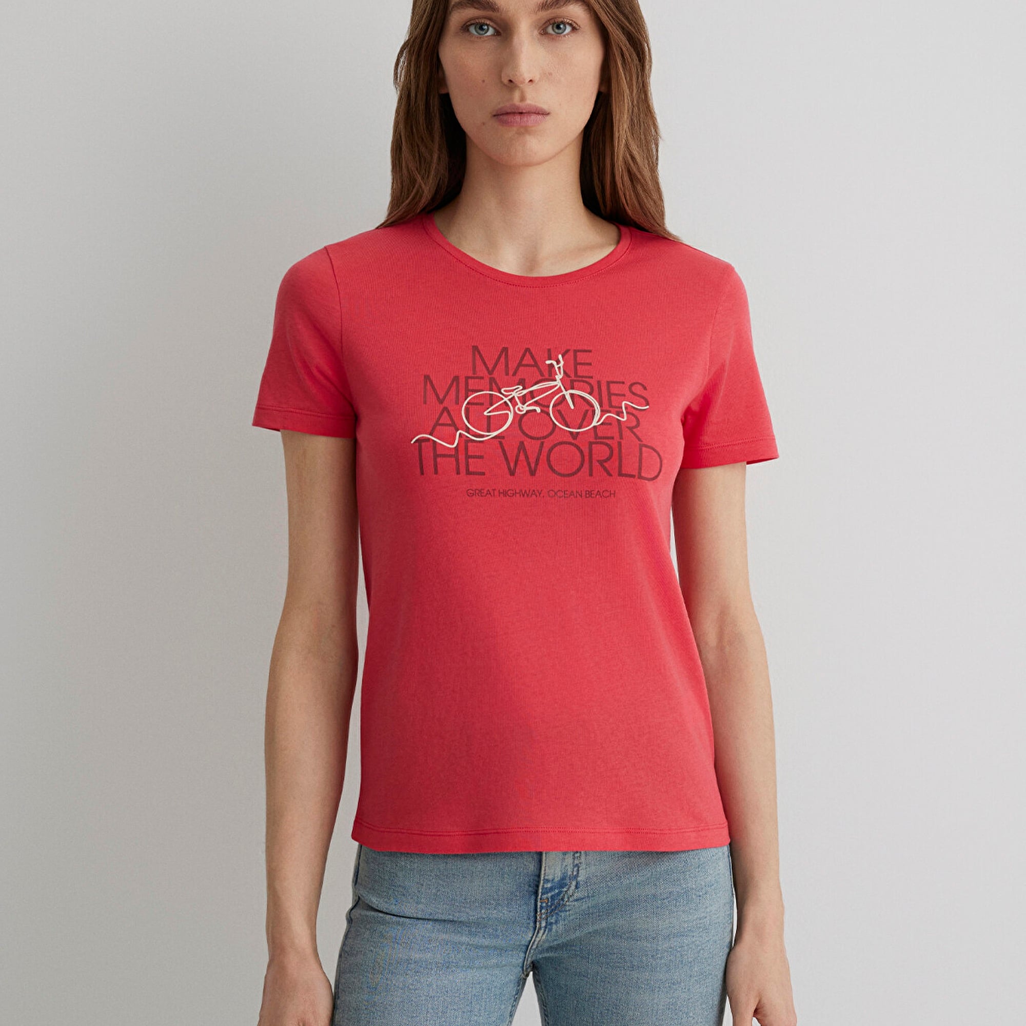 Mavi Bisiklet Baskılı Kırmızı Tişört Slim Fit / Dar Kesim 1613190-71083