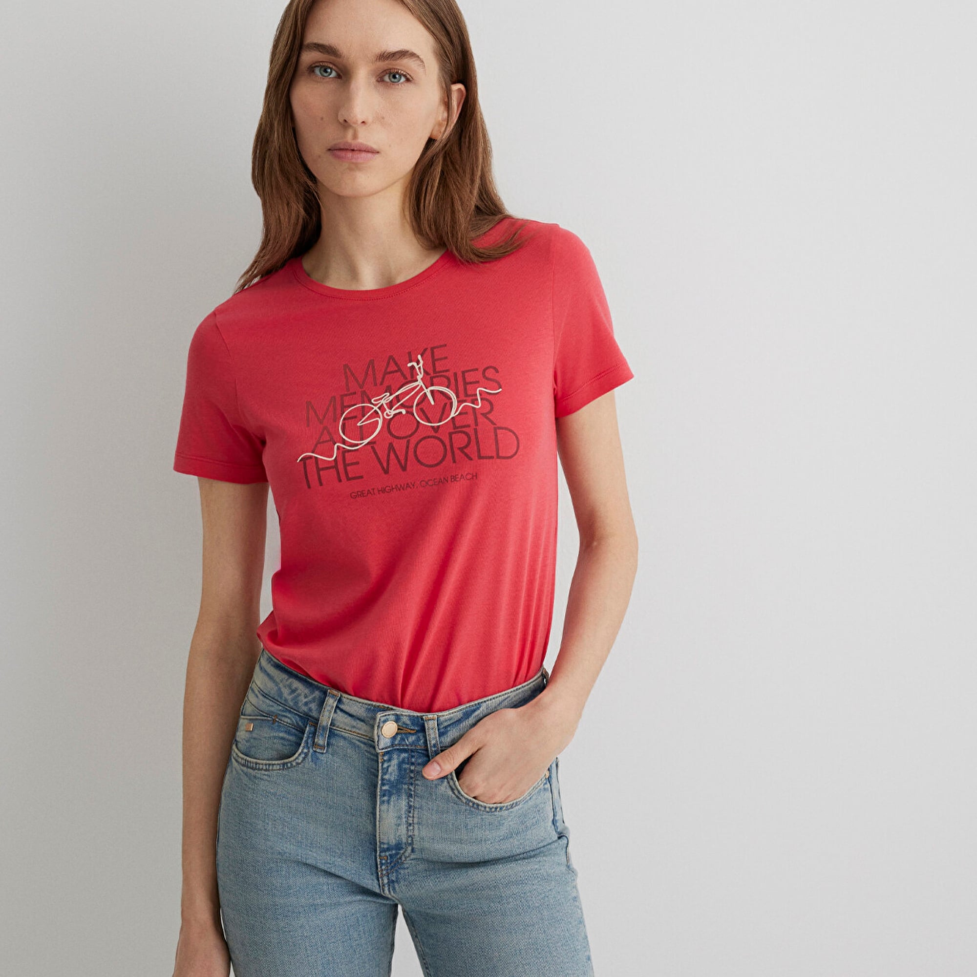 Mavi Bisiklet Baskılı Kırmızı Tişört Slim Fit / Dar Kesim 1613190-71083