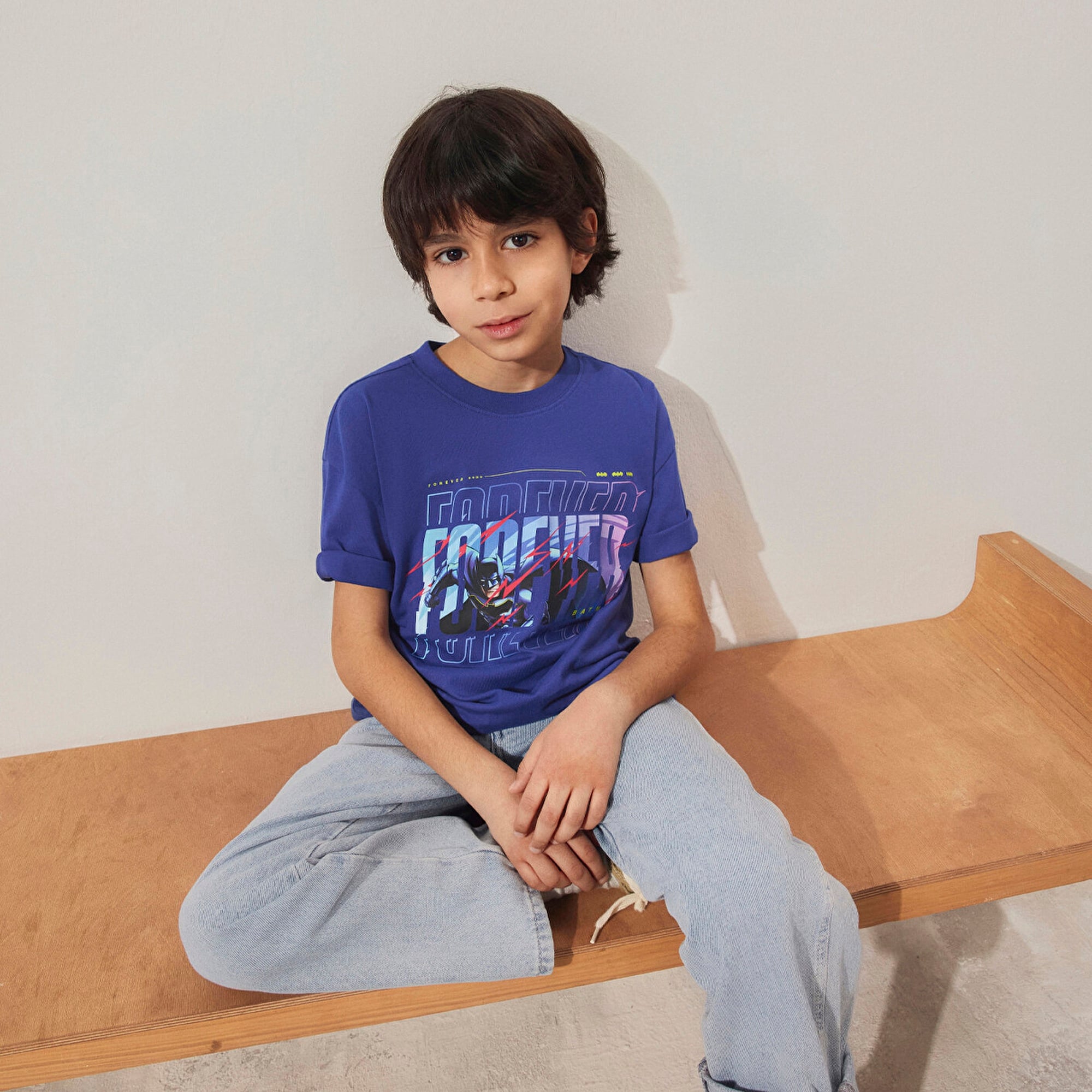 Mavi Batman Baskılı Mor Tişört Loose Fit / Bol Rahat Kesim 6610295-70908