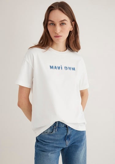  Mavi Mavi Baskılı Ekru Tişört Loose Fit / Bol Rahat Kesim 1613146-70057