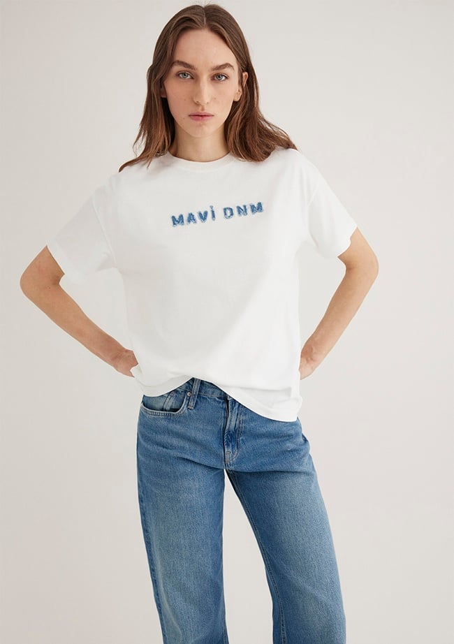  Mavi Mavi Baskılı Ekru Tişört Loose Fit / Bol Rahat Kesim 1613146-70057