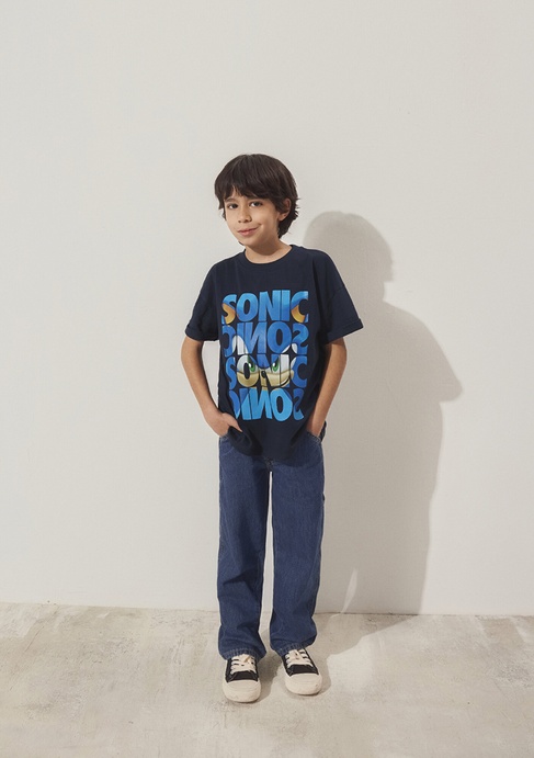  Mavi Sonic Baskılı Lacivert Tişört Oversize / Geniş Kesim 6610307-70490