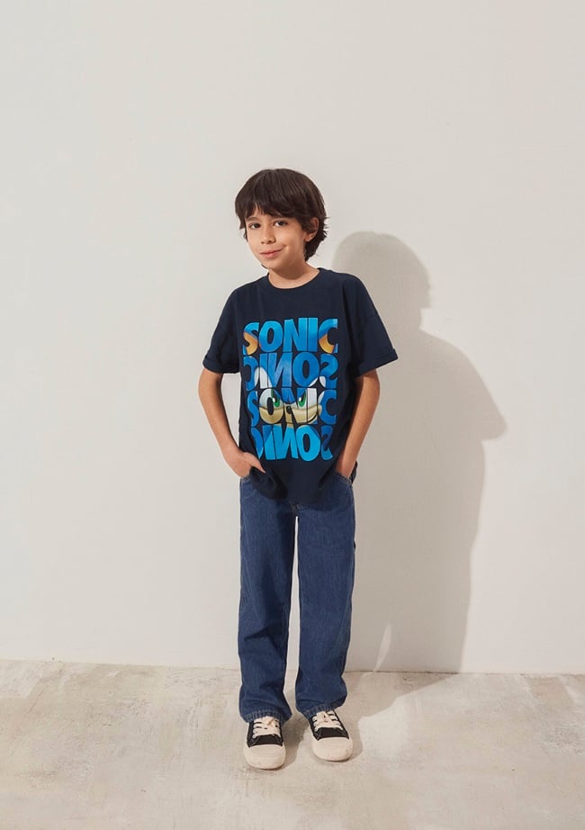  Mavi Sonic Baskılı Lacivert Tişört Oversize / Geniş Kesim 6610307-70490