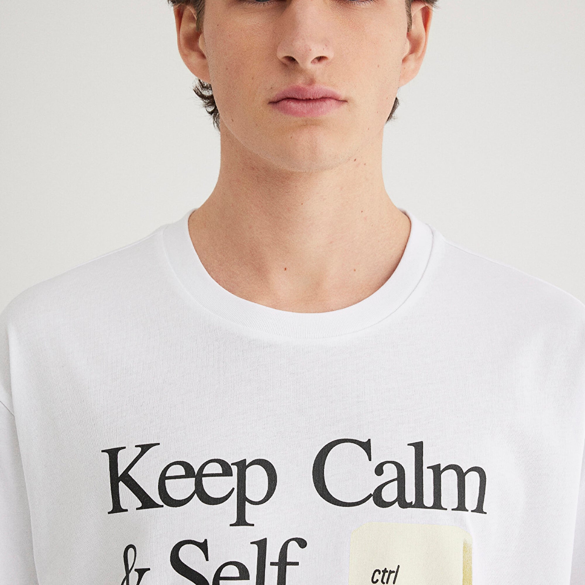 Mavi Keep Calm Baskılı Beyaz Tişört Loose Fit / Bol Rahat Kesim 0612463-620