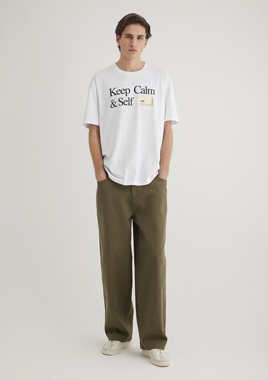  Mavi Keep Calm Baskılı Beyaz Tişört Loose Fit / Bol Rahat Kesim 0612463-620