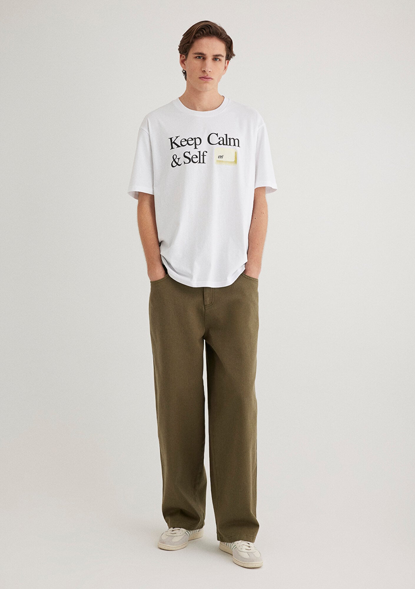  Mavi Keep Calm Baskılı Beyaz Tişört Loose Fit / Bol Rahat Kesim 0612463-620