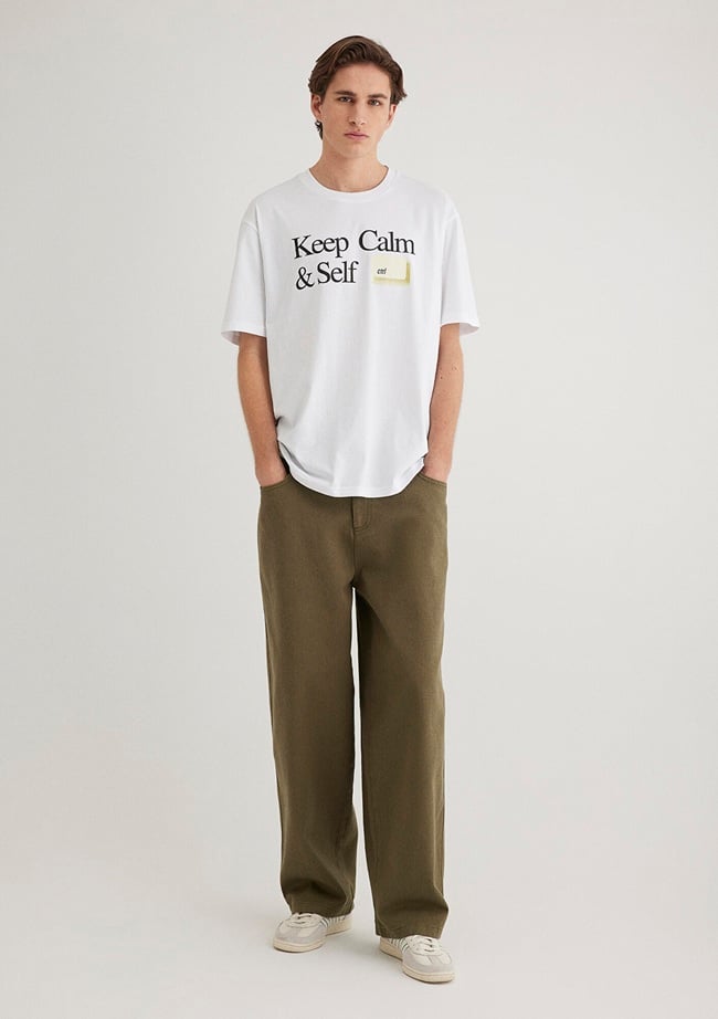  Mavi Keep Calm Baskılı Beyaz Tişört Loose Fit / Bol Rahat Kesim 0612463-620