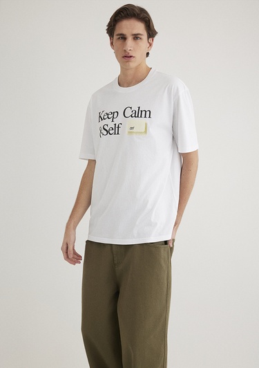  Mavi Keep Calm Baskılı Beyaz Tişört Loose Fit / Bol Rahat Kesim 0612463-620