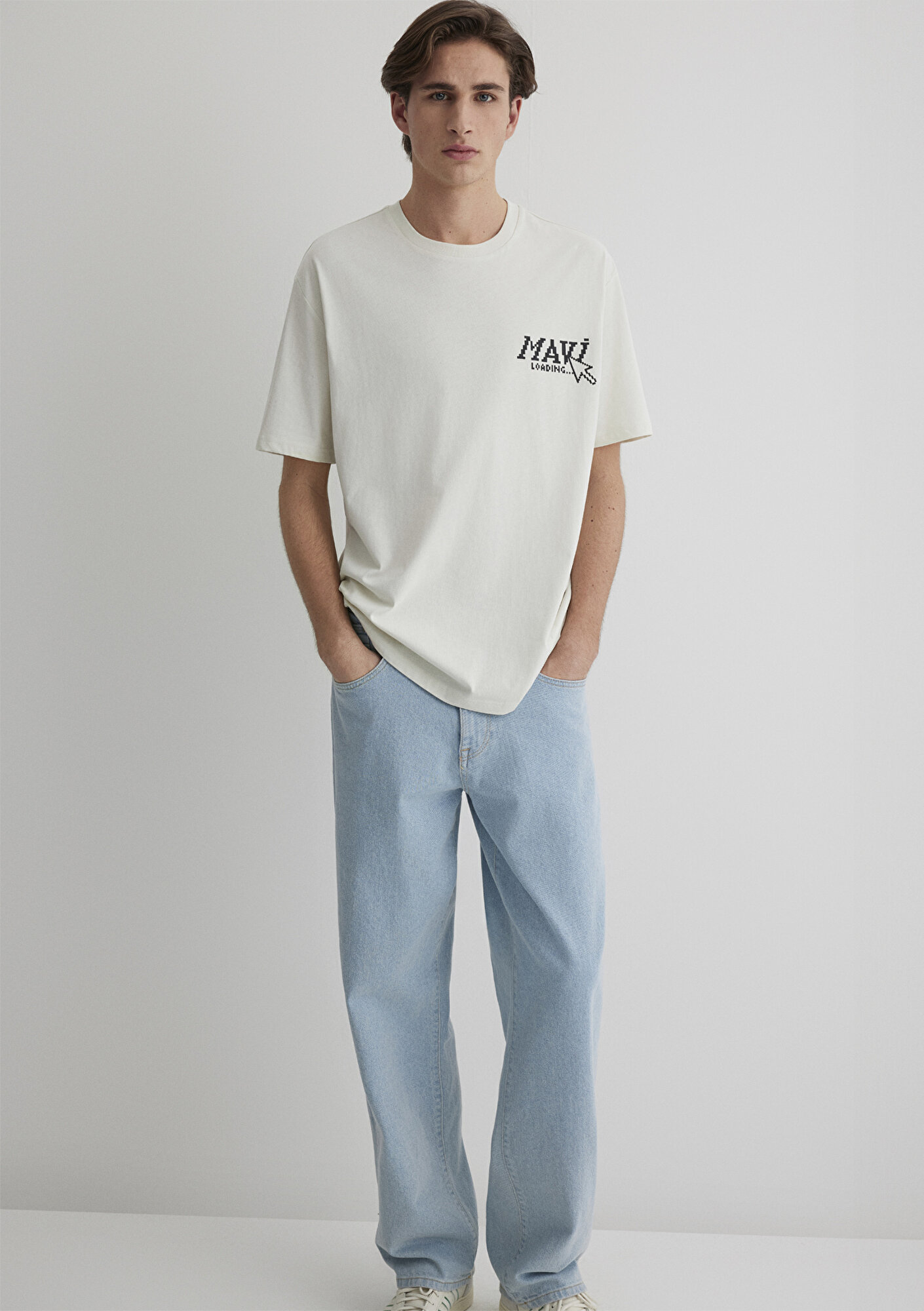  Mavi Baskılı Gri Tişört Loose Fit / Bol Rahat Kesim 0612572-70142