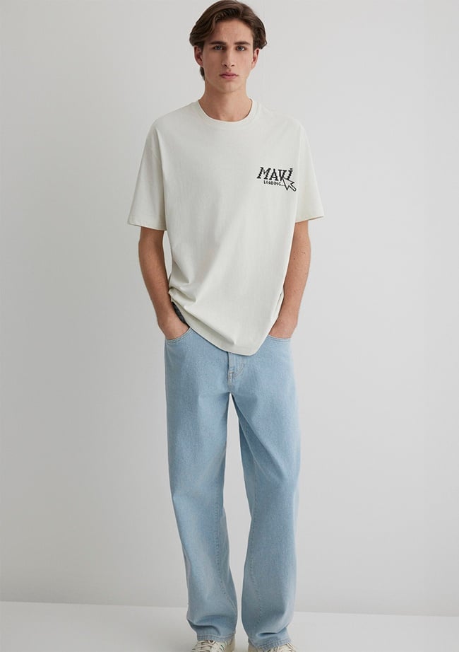  Mavi Baskılı Gri Tişört Loose Fit / Bol Rahat Kesim 0612572-70142