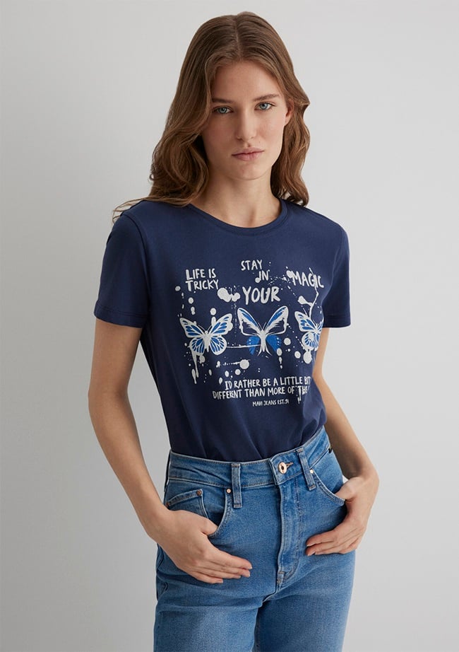  Mavi Kelebek Baskılı Lacivert Tişört Semi Slim Fit / Yarı Dar Kesim 1613491-70487