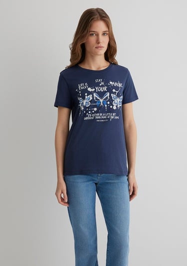  Mavi Kelebek Baskılı Lacivert Tişört Semi Slim Fit / Yarı Dar Kesim 1613491-70487