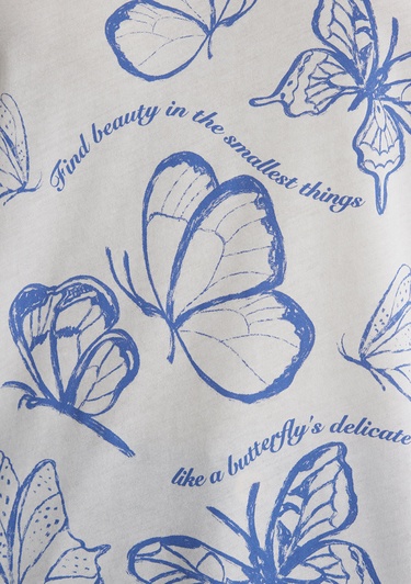  Mavi Kelebek Baskılı Beyaz Tişört Semi Slim Fit / Yarı Dar Kesim 1613455-70057