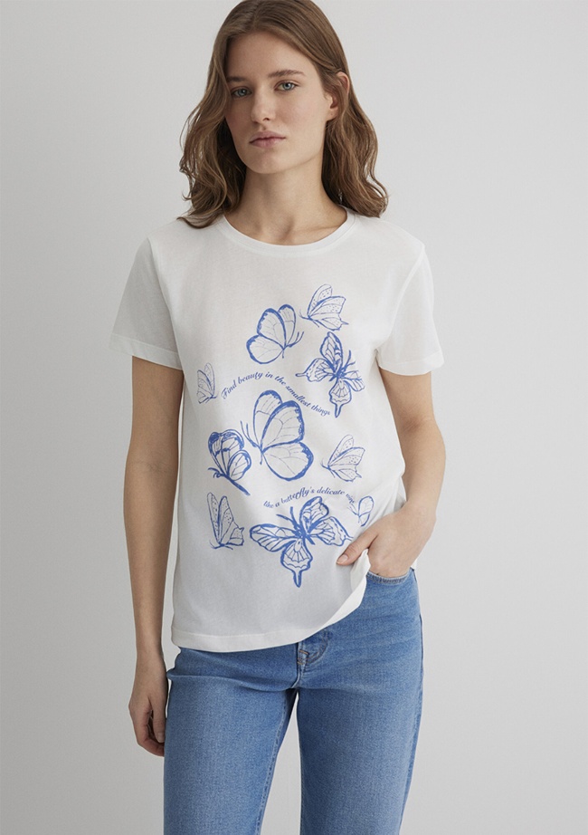  Mavi Kelebek Baskılı Beyaz Tişört Semi Slim Fit / Yarı Dar Kesim 1613455-70057