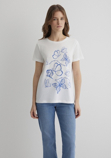  Mavi Kelebek Baskılı Beyaz Tişört Semi Slim Fit / Yarı Dar Kesim 1613455-70057