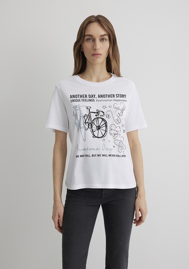 Mavi Bisiklet Baskılı Beyaz Tişört Regular Fit / Normal Kesim 1613493-620