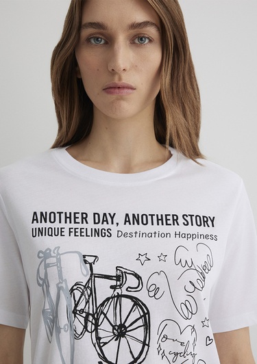  Mavi Bisiklet Baskılı Beyaz Tişört Regular Fit / Normal Kesim 1613493-620