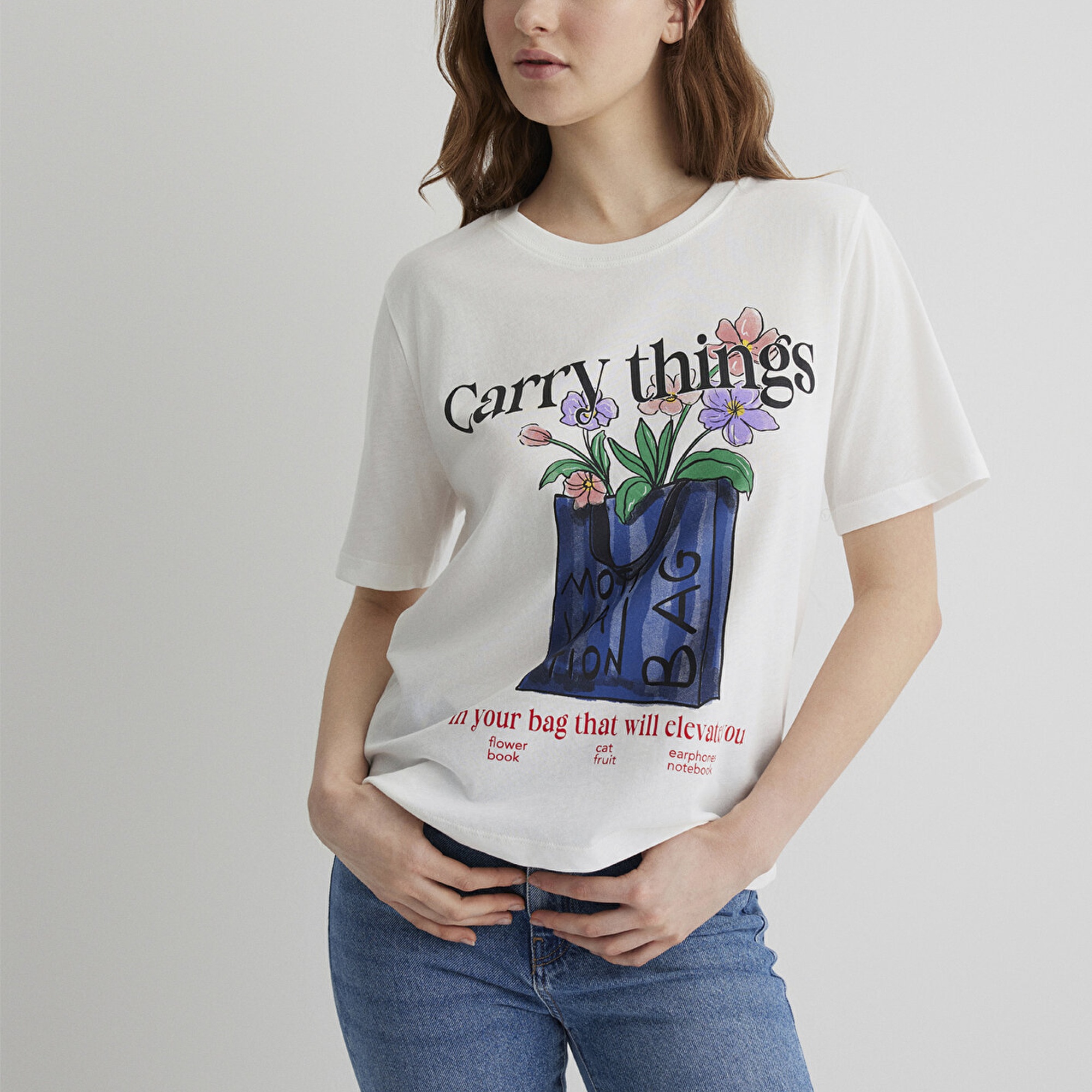 Mavi Çiçek Baskılı Ekru Tişört Regular Fit / Normal Kesim 1613494-70057