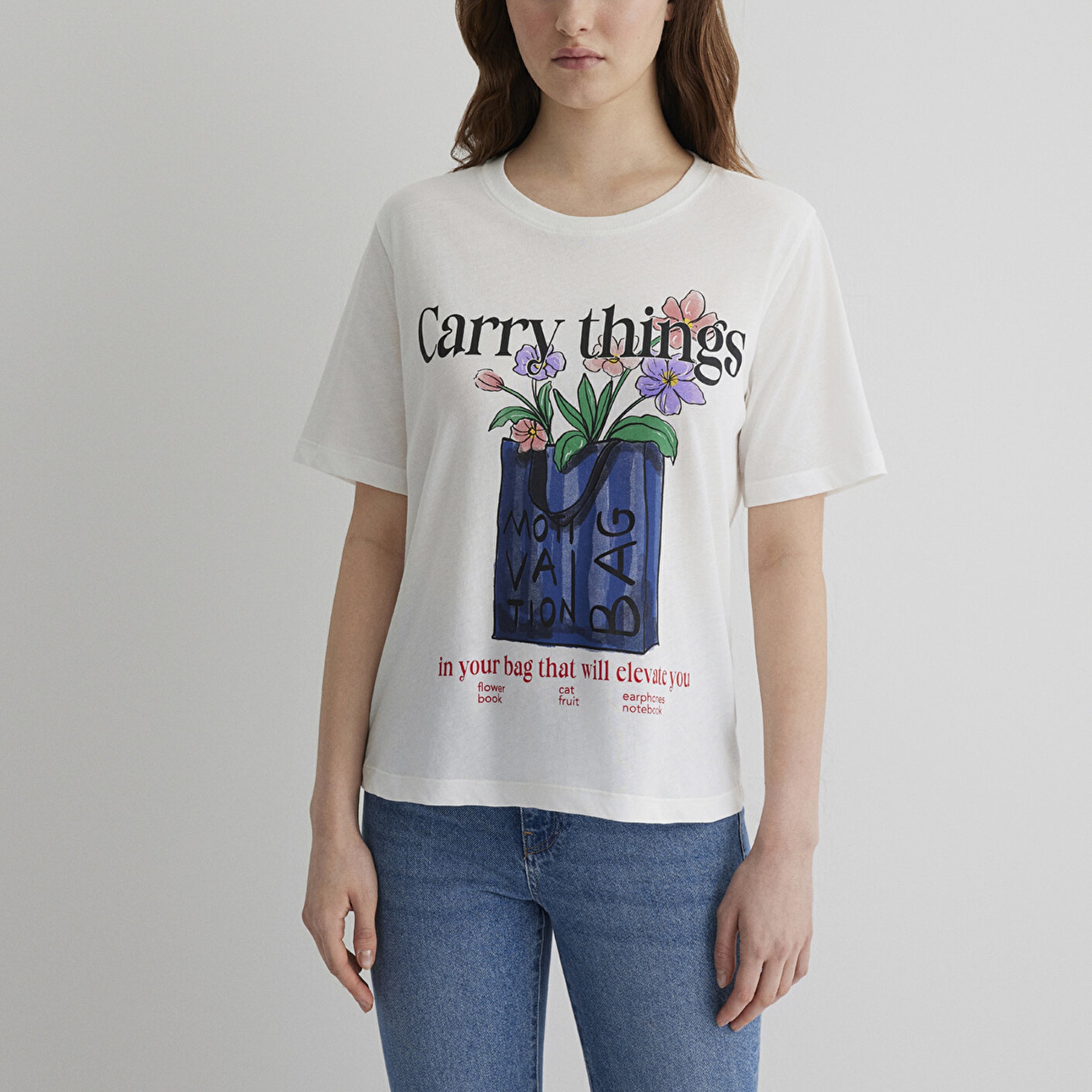 Mavi Çiçek Baskılı Ekru Tişört Regular Fit / Normal Kesim 1613494-70057