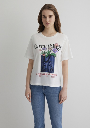  Mavi Çiçek Baskılı Ekru Tişört Regular Fit / Normal Kesim 1613494-70057