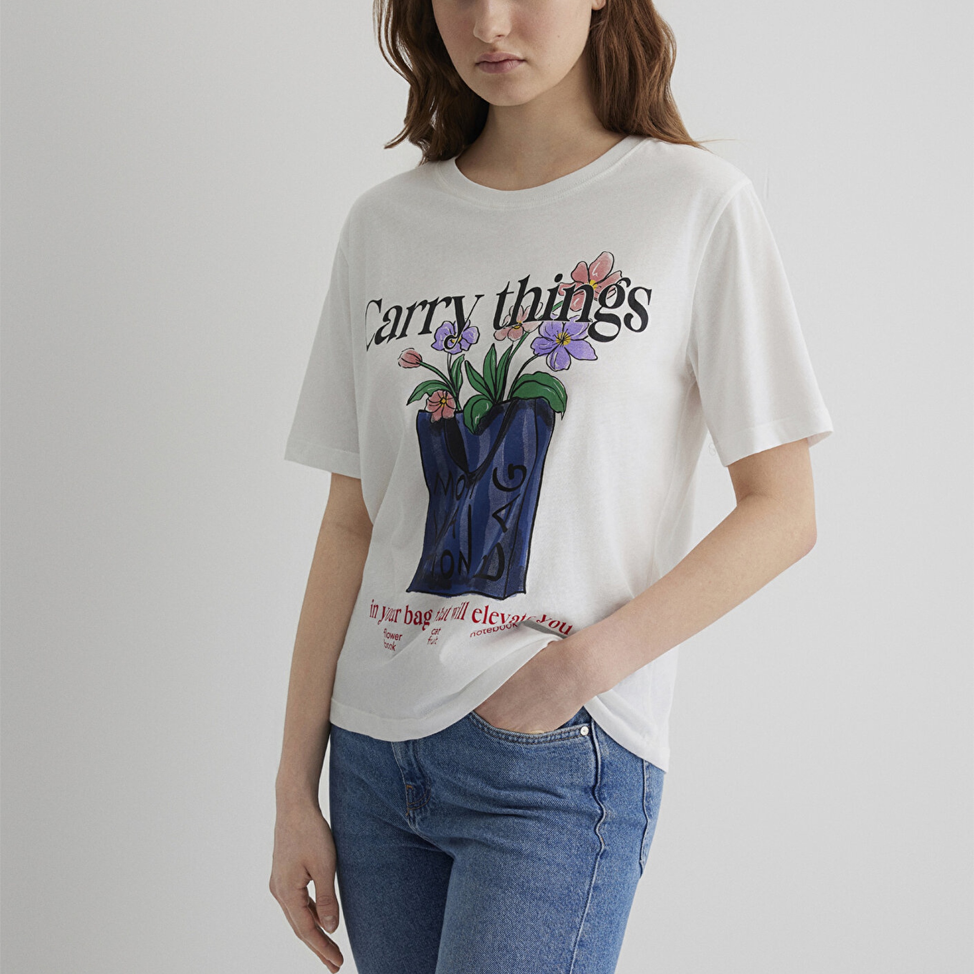 Mavi Çiçek Baskılı Ekru Tişört Regular Fit / Normal Kesim 1613494-70057