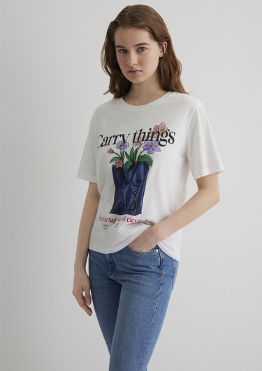  Mavi Çiçek Baskılı Ekru Tişört Regular Fit / Normal Kesim 1613494-70057