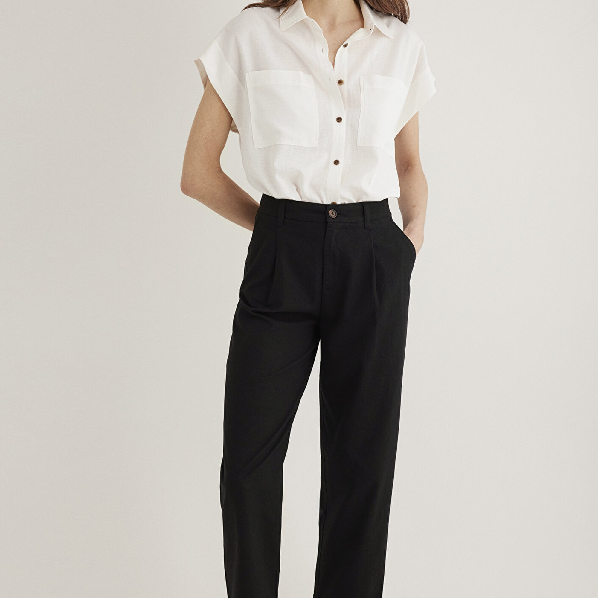 Mavi Keten Karışımlı Ekru Gömlek Loose Fit / Bol Rahat Kesim 1211090-70057