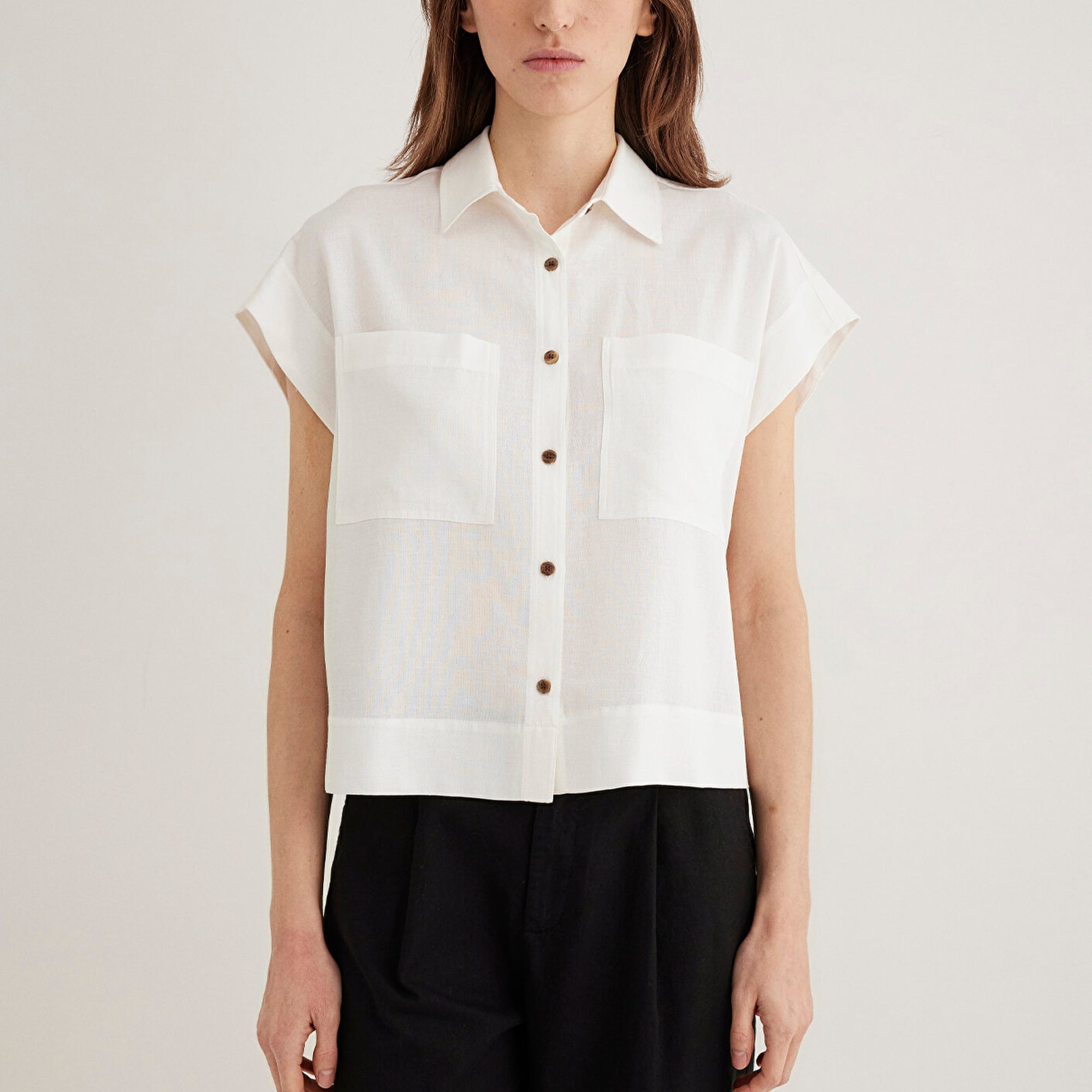 Mavi Keten Karışımlı Ekru Gömlek Loose Fit / Bol Rahat Kesim 1211090-70057