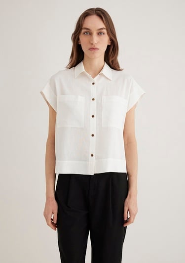  Mavi Keten Karışımlı Ekru Gömlek Loose Fit / Bol Rahat Kesim 1211090-70057