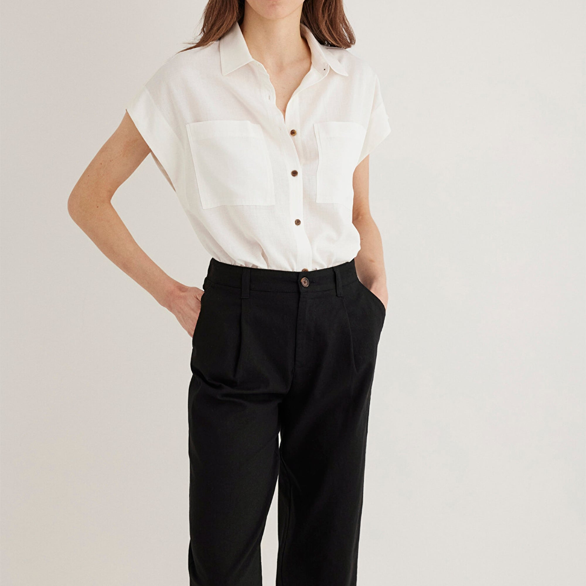 Mavi Keten Karışımlı Ekru Gömlek Loose Fit / Bol Rahat Kesim 1211090-70057