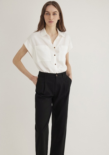  Mavi Keten Karışımlı Ekru Gömlek Loose Fit / Bol Rahat Kesim 1211090-70057