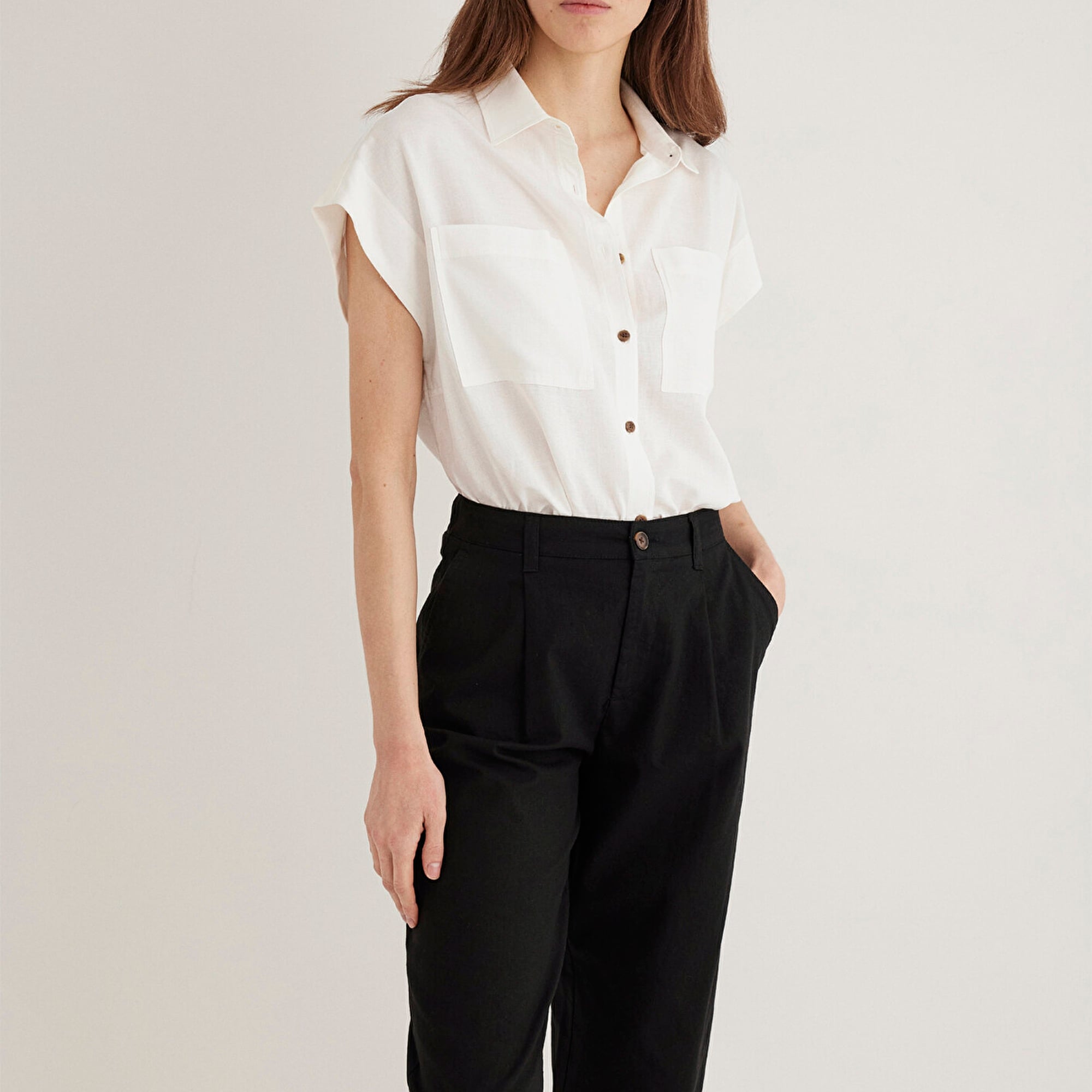 Mavi Keten Karışımlı Ekru Gömlek Loose Fit / Bol Rahat Kesim 1211090-70057