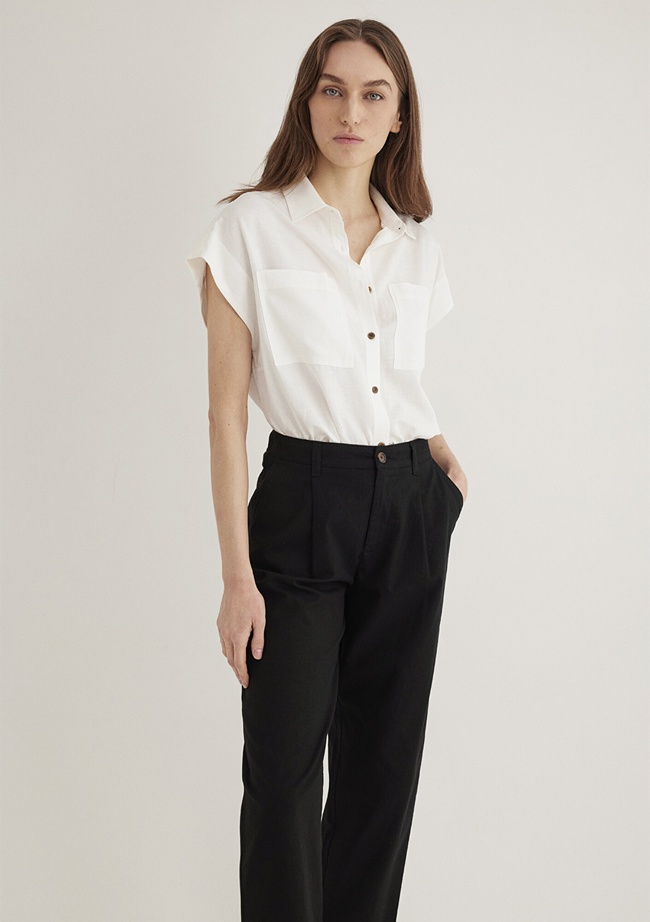  Mavi Keten Karışımlı Ekru Gömlek Loose Fit / Bol Rahat Kesim 1211090-70057